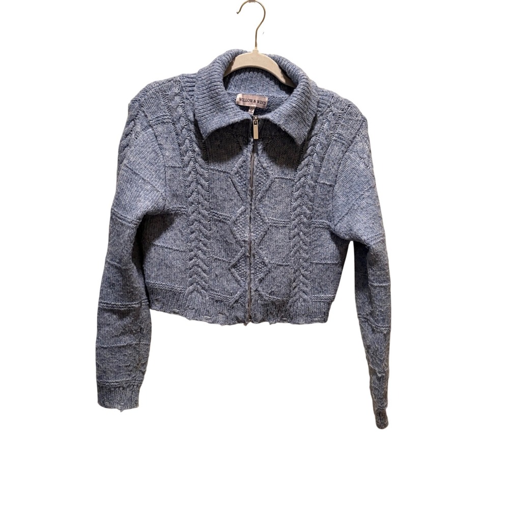 Willow & Wind Womens Blue Cable Knit Cropped Zip Up Sweater Cardigan Large